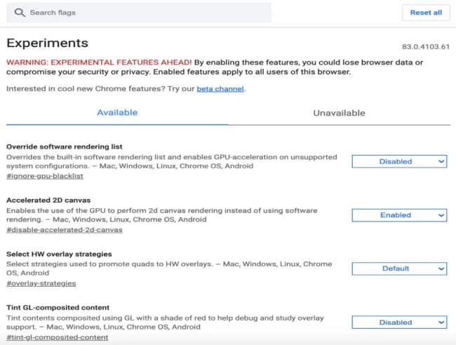 Resetting the Chrome Flags