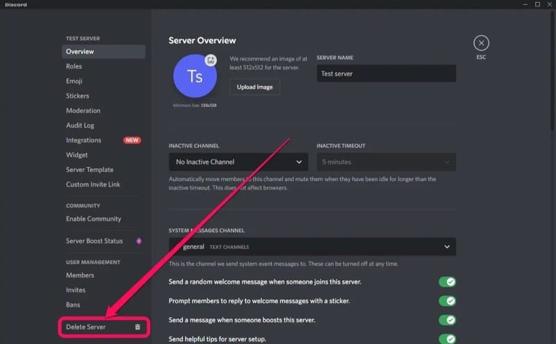Deleting Discord server on Desktop or Web