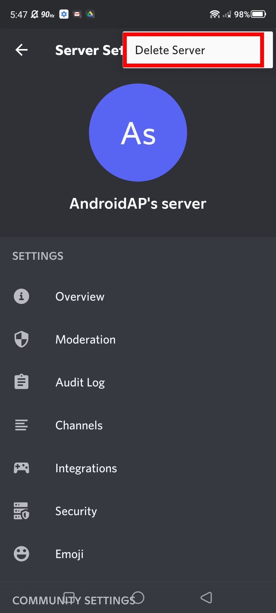 Delete Discord server on Mobile