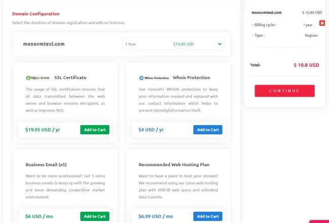 domain configuration page