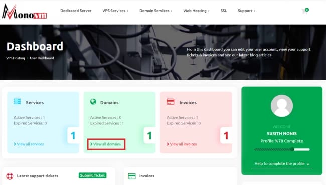 click on view all domains