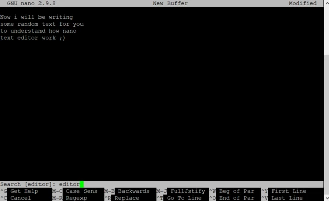 screenshot of Nano that is used to open and edit file in Linux, with the ctrl+w being performed.