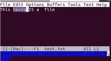 screenshot of the Emacs command line editor asking for permission before going through with the replacement operation.