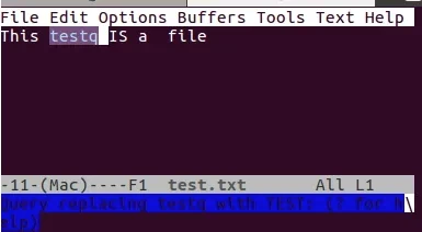 screenshot of the Emacs command line editor before the word is replaced in the file that you edit on Linux.