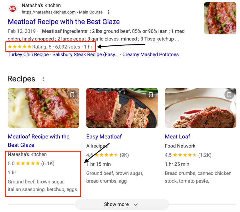 screenshot of the rich snippets for meatloaf recipes