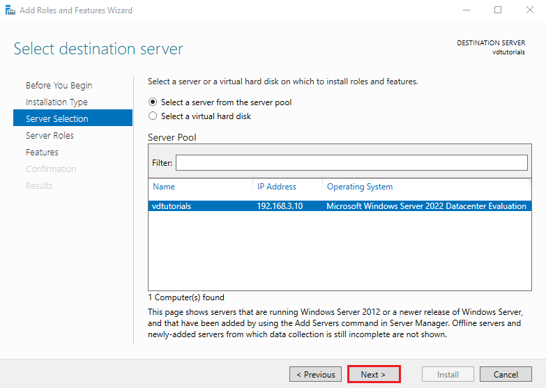 Select the Destination Server