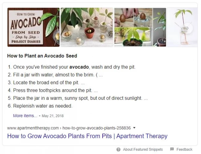 numbered list feature on featured snippet google serp